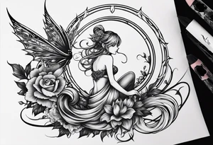 A fairy with a tail inspired by the logo of the show called Fairy Tail in a fetal position leaning in tattoo idea