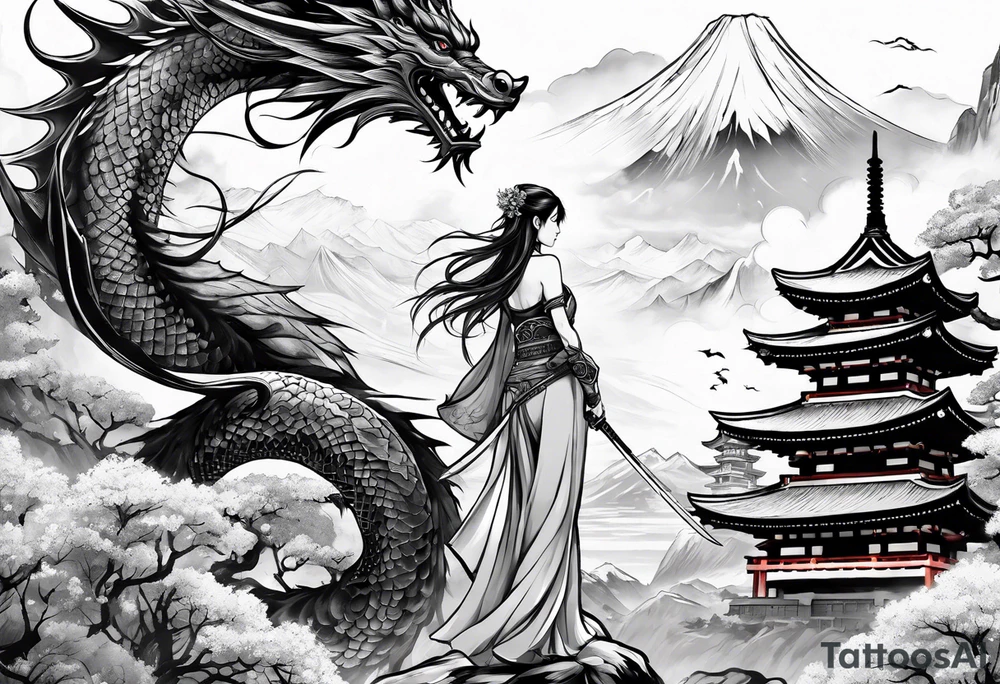 warrior beautiful fairy nymph with a full body with a sword and a full dragon with a mountain with clouds and a Japanese building background tattoo idea