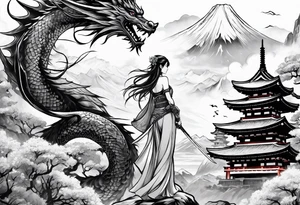 warrior beautiful fairy nymph with a full body with a sword and a full dragon with a mountain with clouds and a Japanese building background tattoo idea