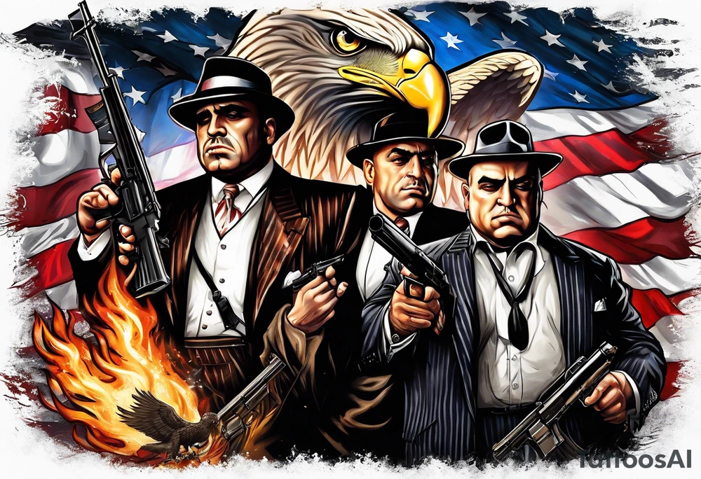 capone style gangsters battling with machine guns against a dark flame background with an angry eagle swooping in with american flag and sexy women tattoo idea