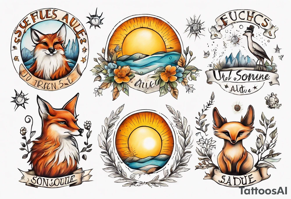 Fuchs und Eule unter der Sonne mit dem Schriftzug Sapere Aude tattoo idea