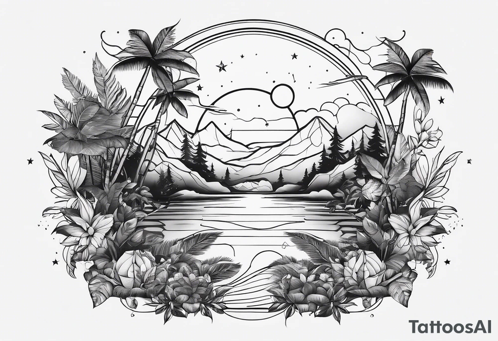minimalistic line art design of space and jungle tattoo idea