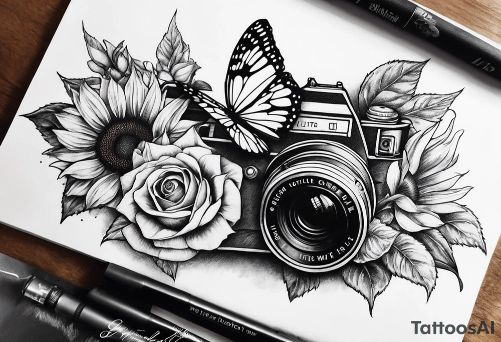 Butterfly, sunflower, camera, book, flower rose tattoo idea