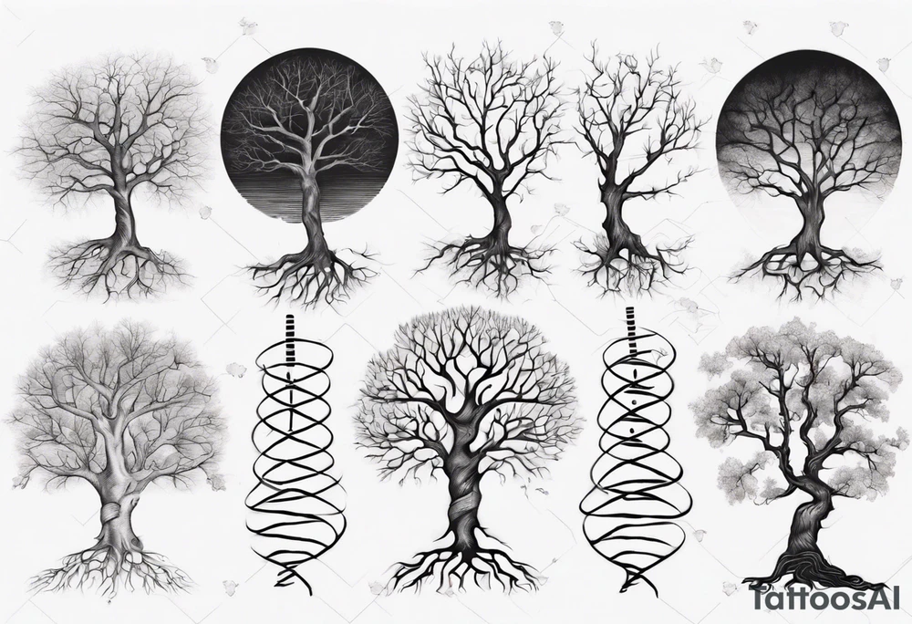 Tree with no leaves that flows in DNA with line work tattoo idea Tree with no leaves that flows in DNA with line work tattoo idea
