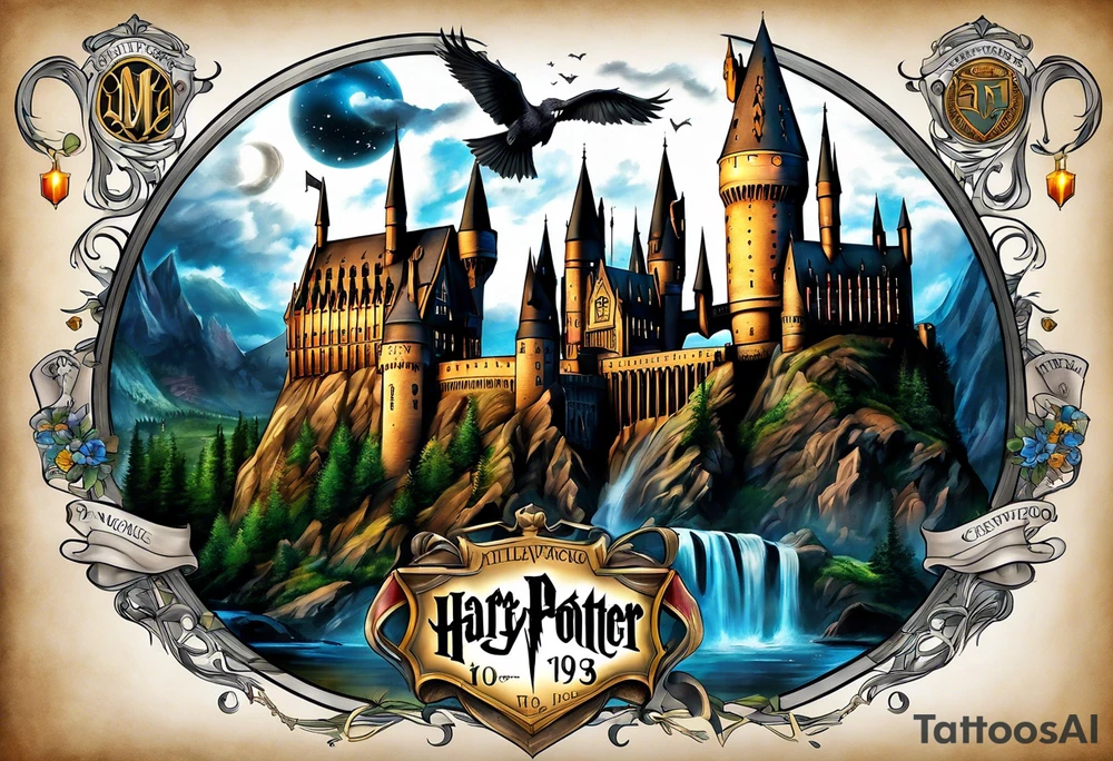 Harry Potter themed full sleeve. Include the Hogwarts castle, a golden snitch, the flying ford angler, the Ravenclaw house crest, and Luna Lovegood. tattoo idea