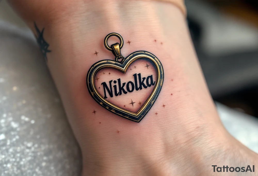 Nikolka name wrapped in a golden heart-shaped locket, slightly open with sparkles around. tattoo idea