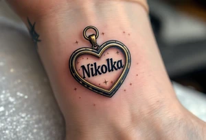 Nikolka name wrapped in a golden heart-shaped locket, slightly open with sparkles around. tattoo idea