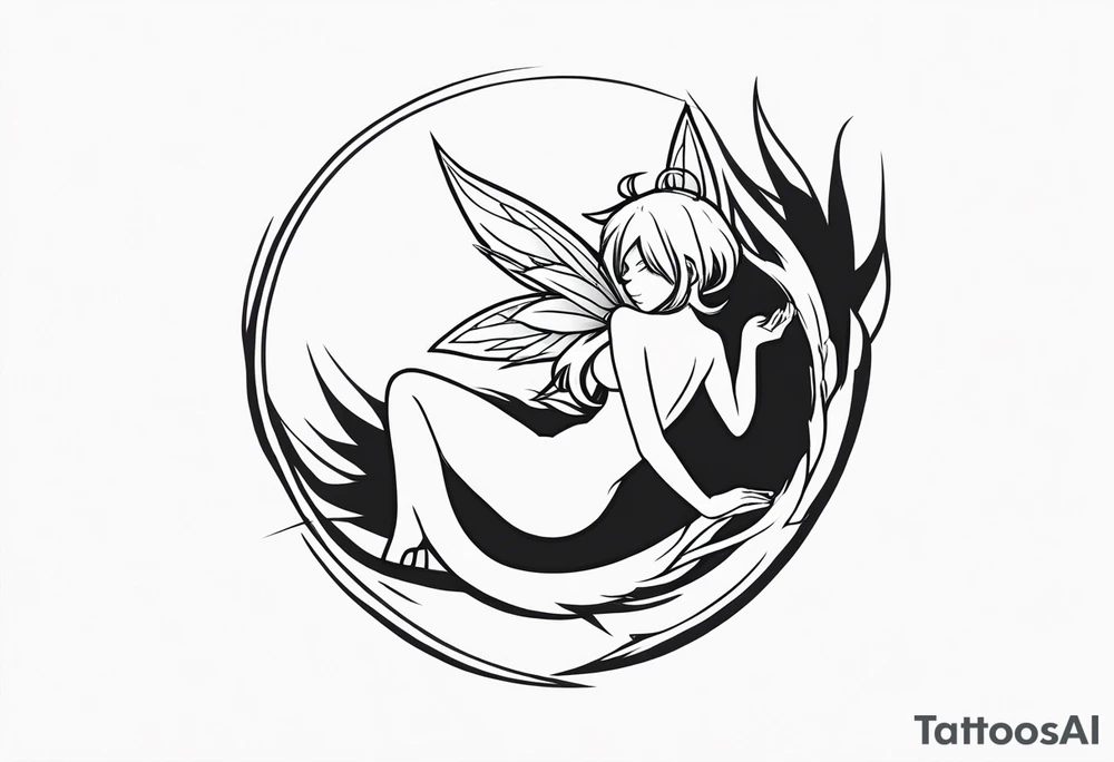 No color fairy with a tail inspired by the logo of the anime show called Fairy Tail in a fetal position leaning in and forward while sleeping tattoo idea