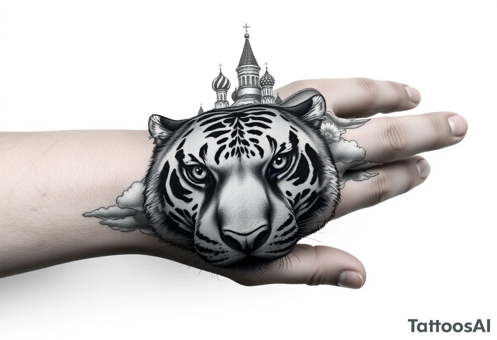Realistic tiger face on the back of the hand with strong contrast and fine detail with its eyes completely black. with a highly detailed Russian Orthodox cathedral sitting above on fore arm with onion domes and orthodox crosses, done in fine line, engraving-like style. Cohesive composition, black ink only, no color, high contrast, slightly aged, documentary-style, plain light background. with clouds above and a virgin mary 
spanning from my hand to lower fore arm tattoo idea