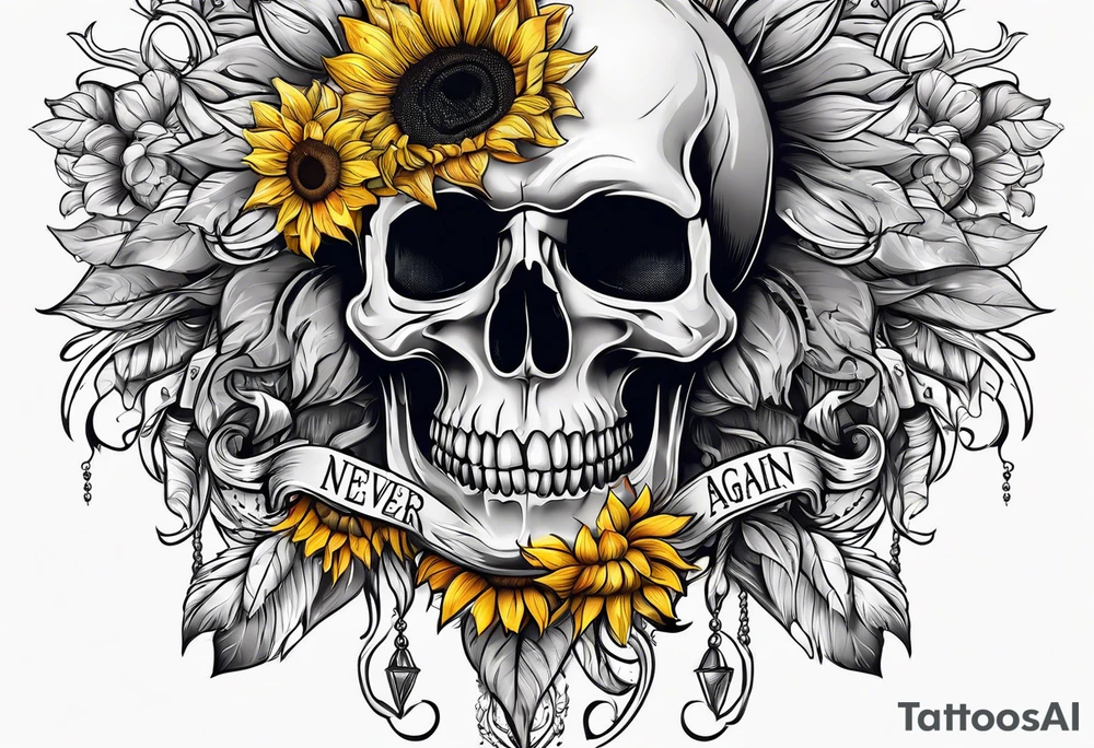 Skull, sunflowers, Saying never again tattoo idea