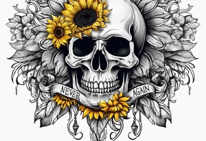 Skull, sunflowers, Saying never again tattoo idea