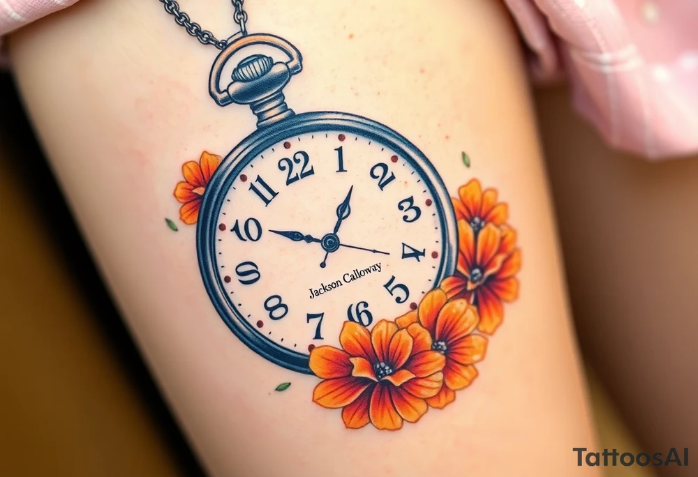 Beautiful pocket watch reading 2:37 with  10/09/2024 in Roman numerals and name Jackson Calloway in the face of watch surrounded by orange marigolds tattoo idea