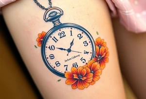 Beautiful pocket watch reading 2:37 with  10/09/2024 in Roman numerals and name Jackson Calloway in the face of watch surrounded by orange marigolds tattoo idea