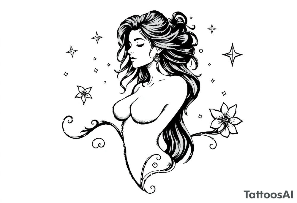 Sexy unique Aquarius tattoo with female body and stars tattoo idea