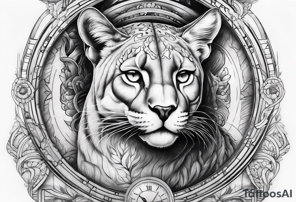 Sagittal brain and puma inside hourglass tattoo idea
