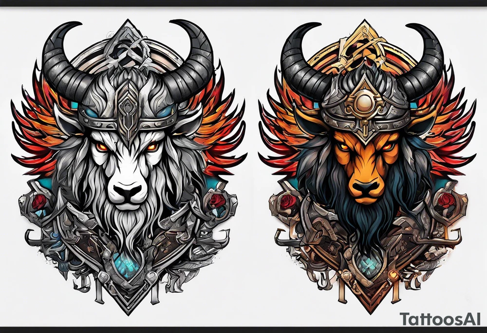 cyberpunk viking, casting demons back to hell with angelx wings, mythical aries ram tattoo idea