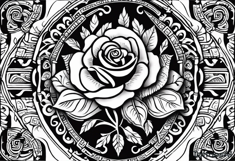 Design a masculine tattoo depicting three delicate rose buds being embraced and protected by 
Aztec weapons. The weapons should include elements such as the macuahuitl (Aztec sword-club)
, arranged in a way that forms a protective circle or embrace around the roses. Carve the entire image as if it were a stone sculpture by an ancient Aztec artist, with the texture resembling intricately detailed stone carvings. The roses should be slightly softer but still stylized in stone, giving the entire tattoo a powerful, yet artistic and ancient feel. Use bold, sharp lines to capture the essence of Aztec craftsmanship

Historically accurate tattoo idea