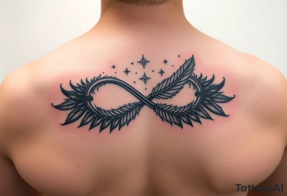 infinity symbol woven with floating feathers and stardust tattoo idea