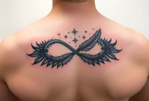 infinity symbol woven with floating feathers and stardust tattoo idea