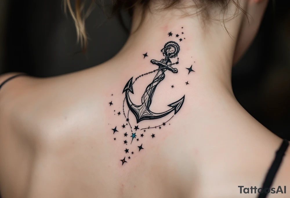The Virgo maiden in black anchors a trail of pastel-colored stars that form the constellation on the upper spine. tattoo idea