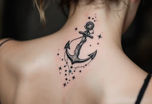 The Virgo maiden in black anchors a trail of pastel-colored stars that form the constellation on the upper spine. tattoo idea
