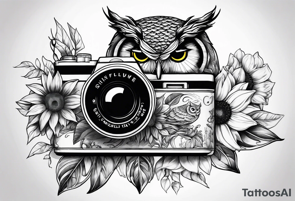 sunflower, camera, fish, owl tattoo idea