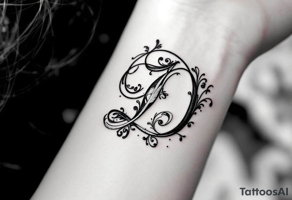 Elegant Script D – A flowing cursive letter D in black ink with delicate silver filigree details wrapping around the curves. tattoo idea