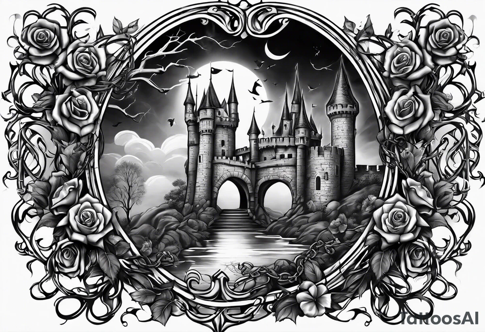 tattoo fool sleeve, dark gothic castle, tree roots break out of the chains, broken mask, roses tattoo idea