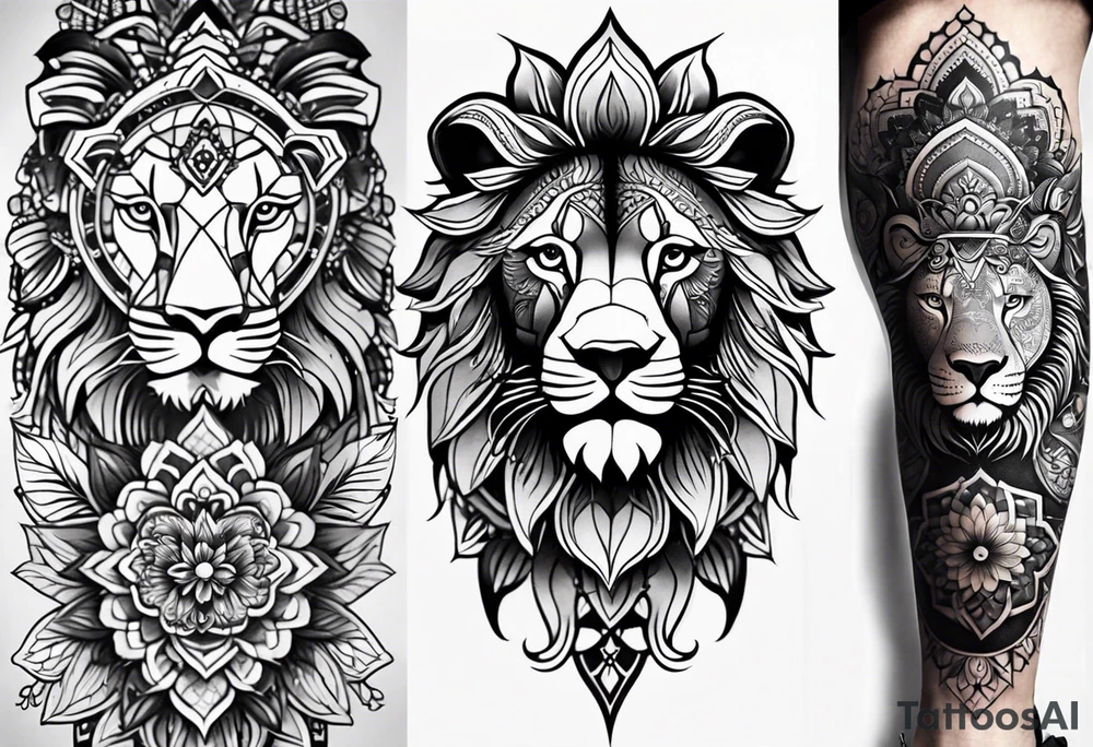 leg full sleeve for men, includes mandalas, flowers, geometric figures and a lion in the calf tattoo idea