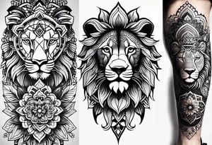 leg full sleeve for men, includes mandalas, flowers, geometric figures and a lion in the calf tattoo idea