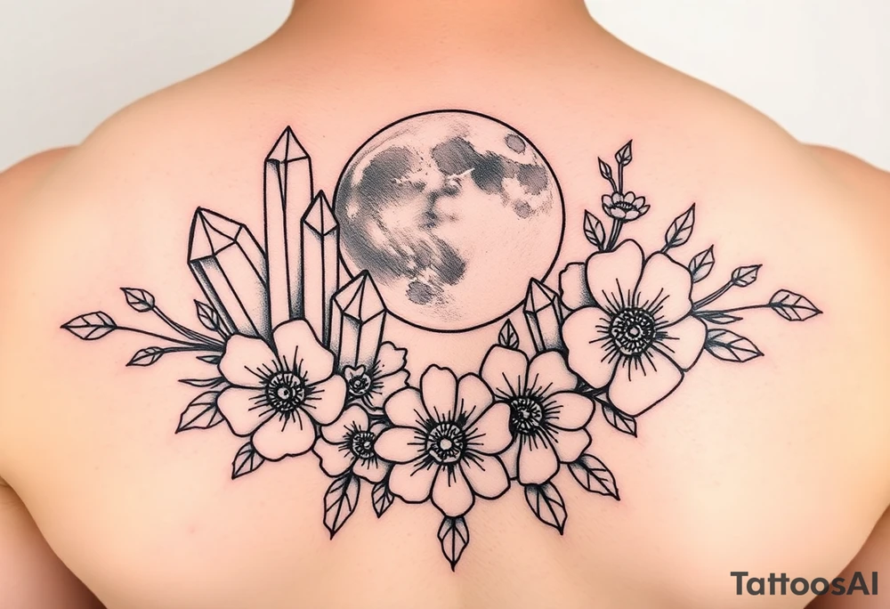 crystals and the moon and flowers tattoo idea
