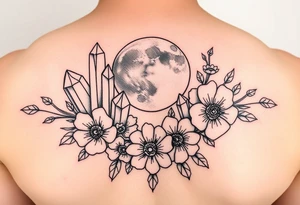 crystals and the moon and flowers tattoo idea