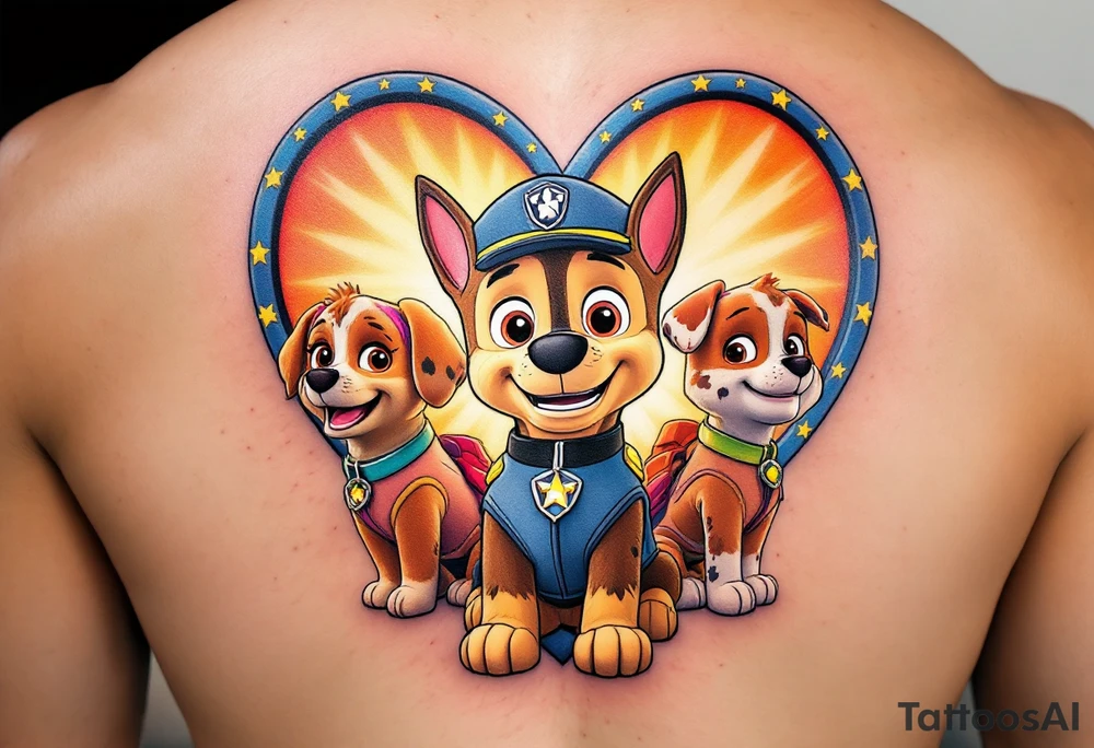 Ryder and the Paw Patrol team in front of a heart-shaped emblem, with each pup’s collar showing their individual colors, while Ryder’s outfit features light blue and beige tones. The heart has a radiant golden glow, symbolizing unity and love. tattoo idea