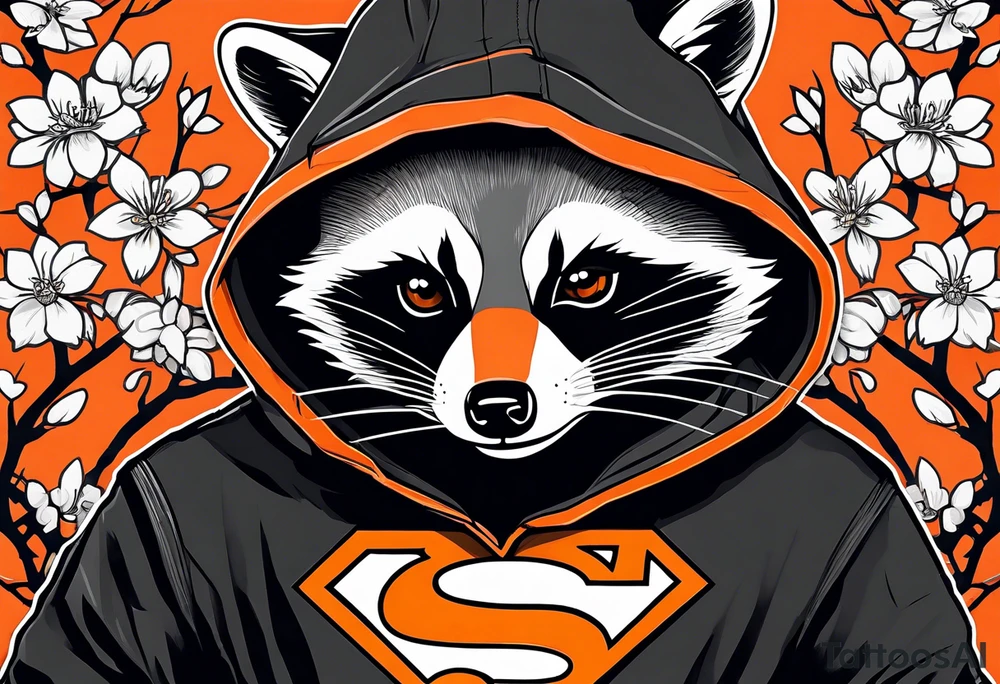 Raccoon wearing a white Superman logo on a black hoodie and orange Japanese cherry blossoms beside tattoo idea
