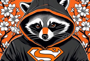 Raccoon wearing a white Superman logo on a black hoodie and orange Japanese cherry blossoms beside tattoo idea