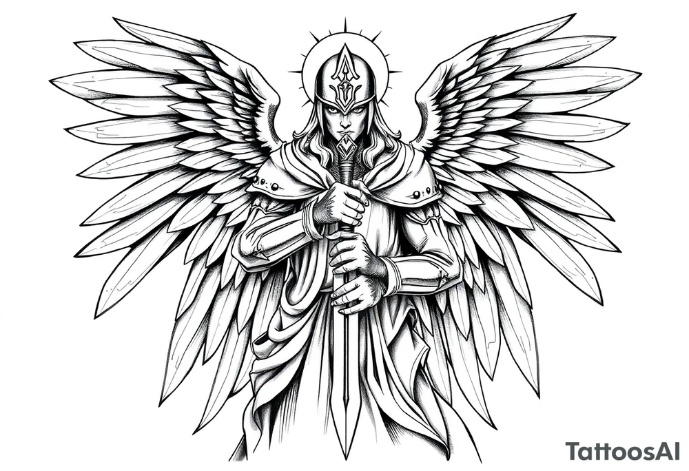 Holy Archangel, Biblical, Christianity, Hebrew, Guards of Christianity, Holding a sword, having six wings, wearing helmet, halo, seraphim, seek justice, walk only with God tattoo idea