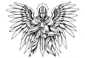 Holy Archangel, Biblical, Christianity, Hebrew, Guards of Christianity, Holding a sword, having six wings, wearing helmet, halo, seraphim, seek justice, walk only with God tattoo idea