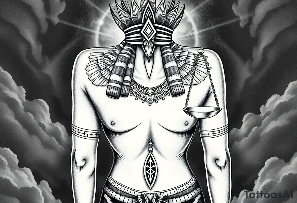 Sexy Egyptian goddess with a curvy body, breasts showing, and wide hips. She is wearing an ostrich feather headdress, and intricate ancient Egyptian jewelry the Anhk necklace. Background includes something similar to heaven. Incorporate the Scales of Justice—one side holding a heart, the other Ma’at’s feather—glowing with ethereal energy. Emphasize dramatic lighting, deep shadows, and surreal, mystical atmosphere tattoo idea