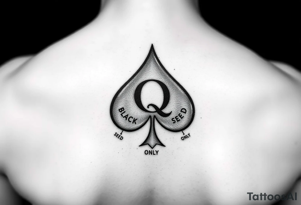 A spade womb tattoo with a Q in the center, with three points around the outside. The first reading, "BLACK". The second reading, "SEED". The third reading, "ONLY". tattoo idea