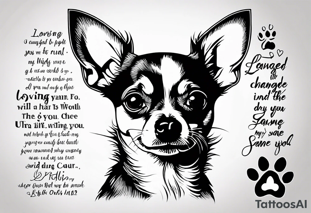 Portrait of tan chihuahua dog with paw print and phrase “loving you changed my life, losing you did the same.” tattoo idea