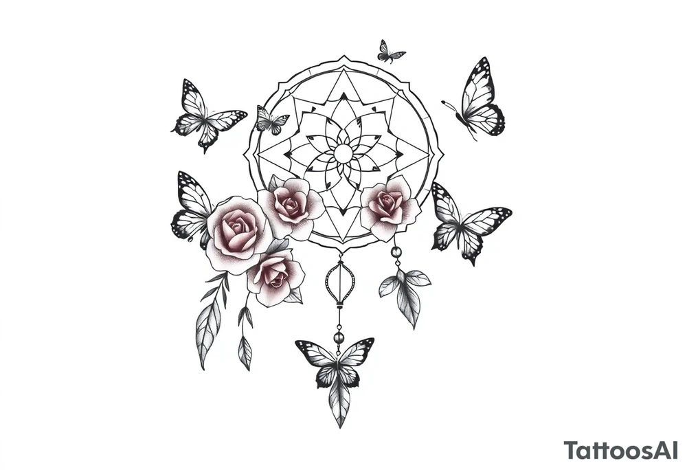 Dreamcatcher roses and butterflies tattoo idea