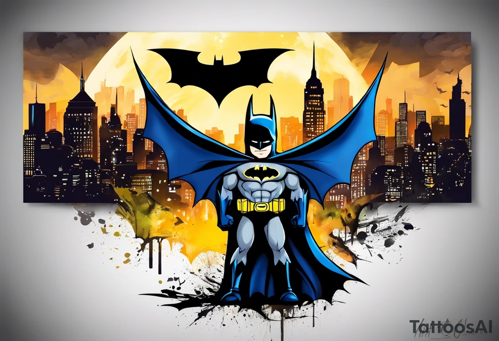 Little Batman with Batman-Logo and Gotham city in background. Bat signal is active. Batman is around in the city with a bat-claw tattoo idea