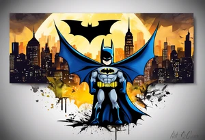 Little Batman with Batman-Logo and Gotham city in background. Bat signal is active. Batman is around in the city with a bat-claw tattoo idea