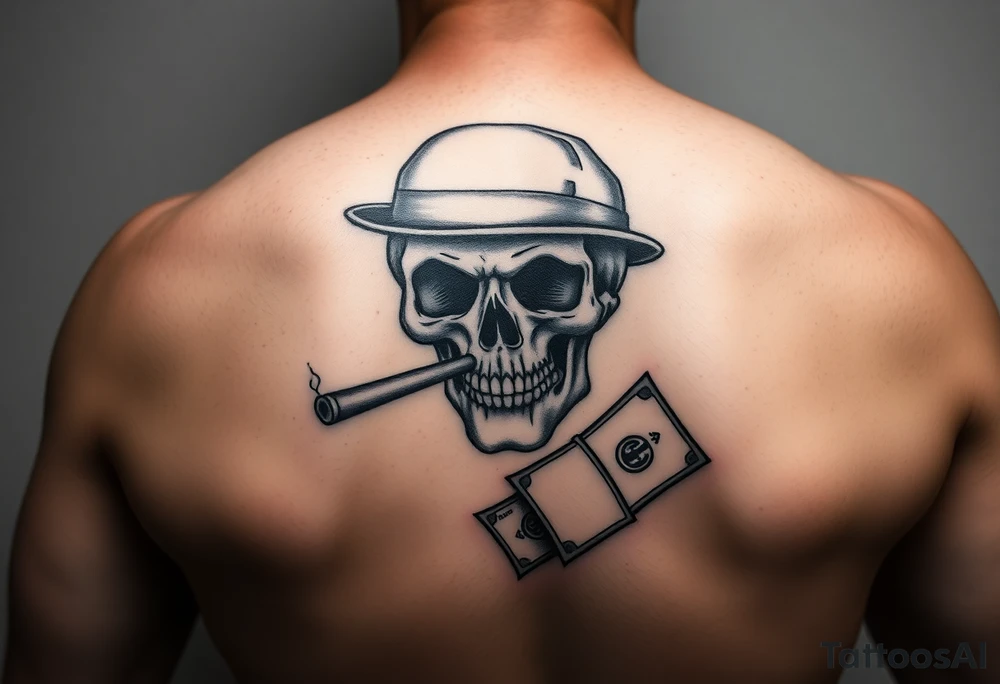 skull with cigar in his mouth,a mustache,a top-hat and money in a hand. tattoo idea