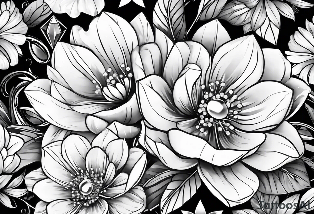 Big diamonds and flowers more diamonds tattoo idea