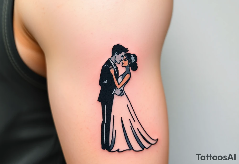 A black and white silhouette of a bride and groom in a romantic embrace, with soft golden highlights for warmth and elegance tattoo idea