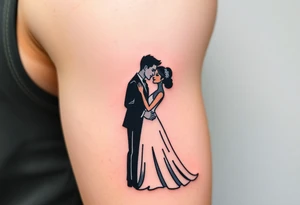 A black and white silhouette of a bride and groom in a romantic embrace, with soft golden highlights for warmth and elegance tattoo idea