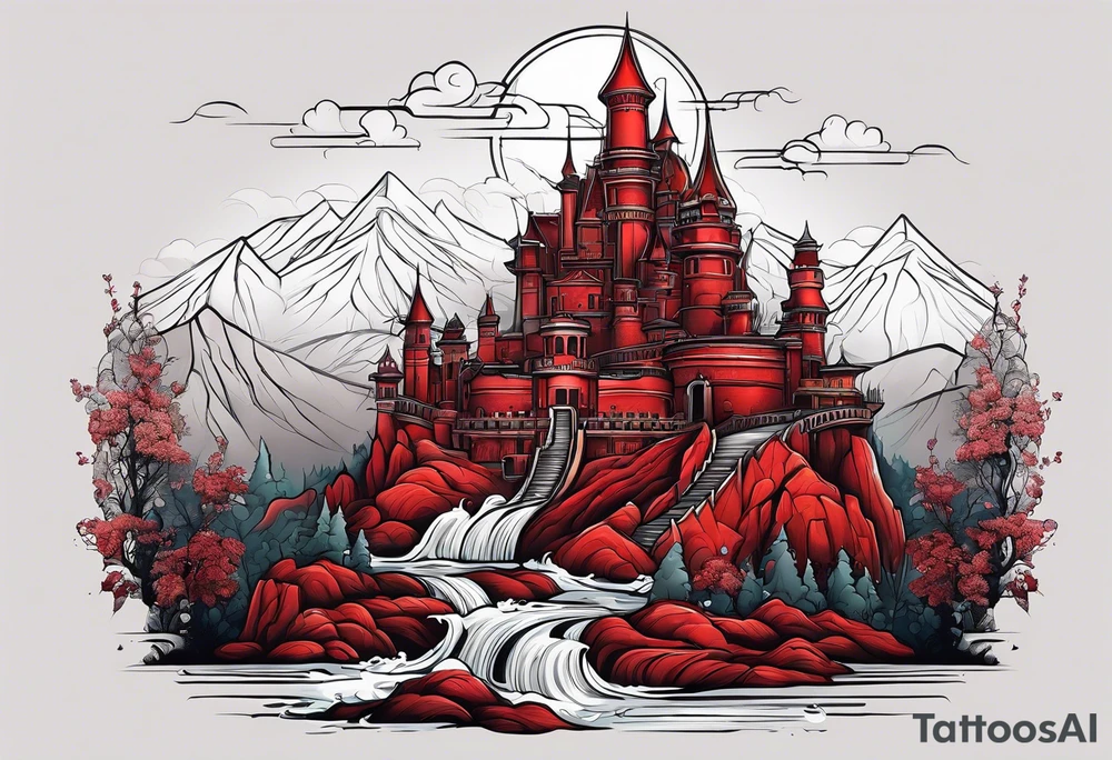red mountains which there are two fantasies castles. tattoo idea
