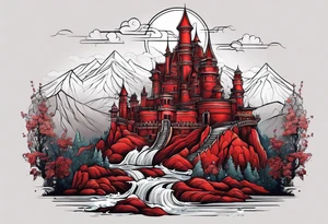 red mountains which there are two fantasies castles. tattoo idea