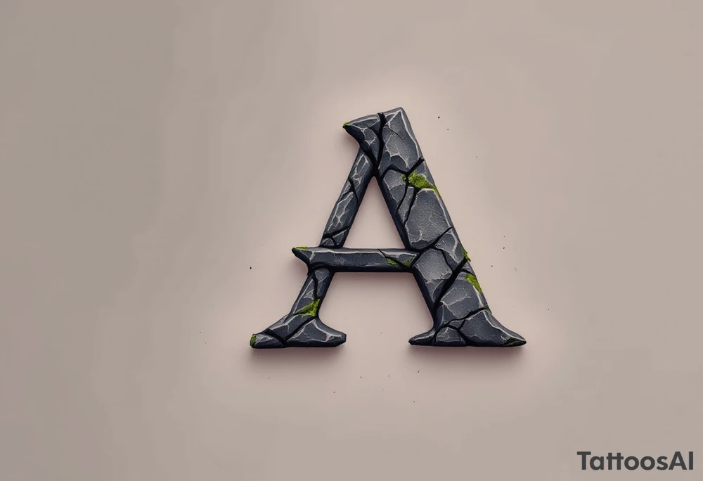 A cracked stone "A" in granite gray with mossy green details. tattoo idea